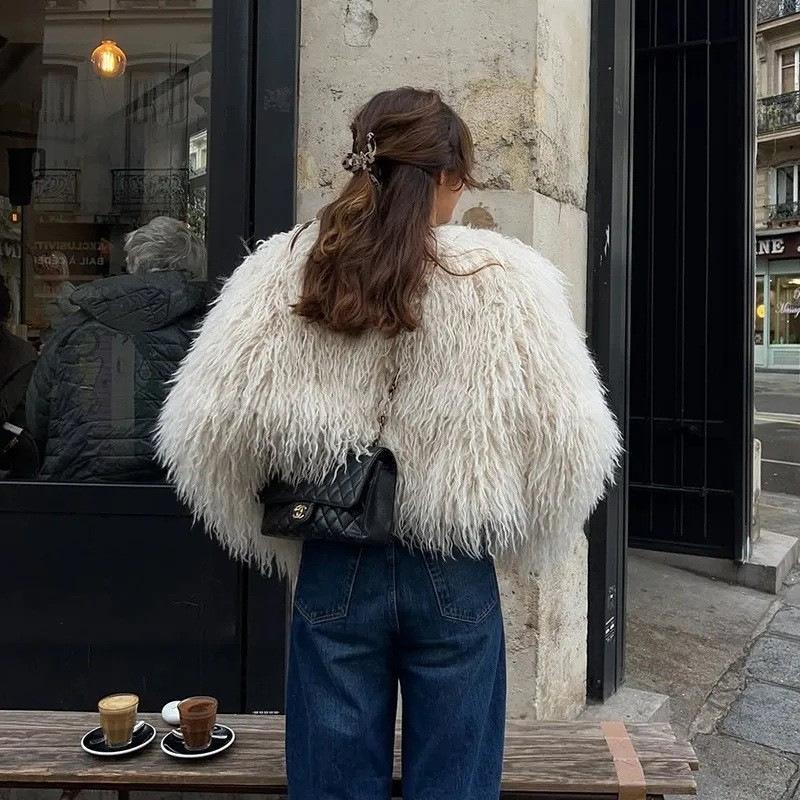 Autumn and winter round neck lazy wind artificial fur imitation fur jacket short beach sheep wool jacket women