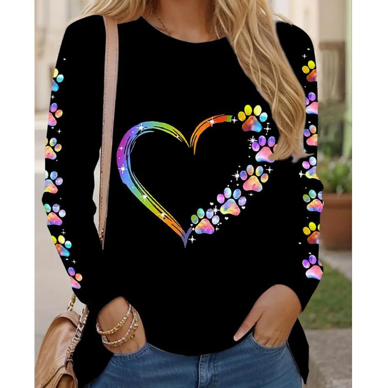 

2025 Осень и Зима Женский Новый Повседневный Топ с Круглым Вырезом и Длинным Рукавом с 3D-Принтом Кошки 8XL чёрный