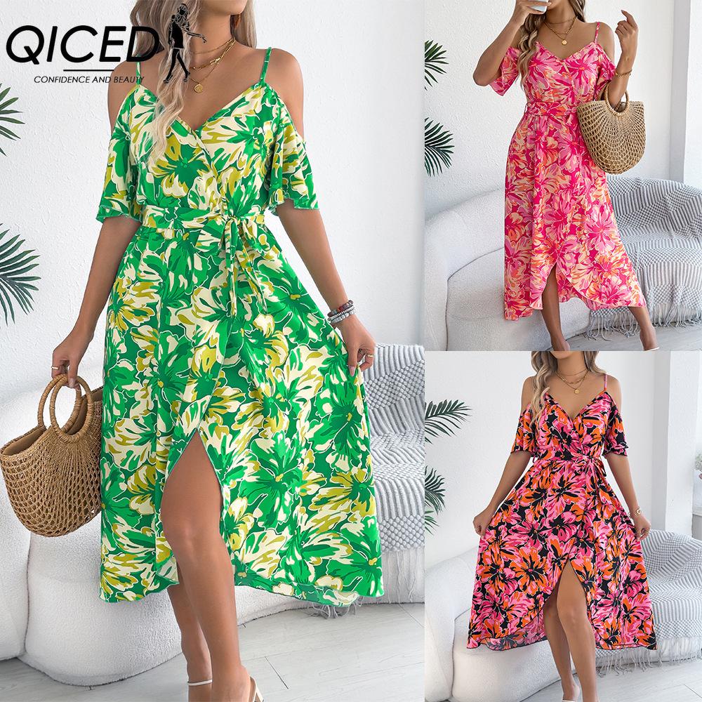 QICED Spring and Summer Off-the-shoulder Cross-V-neck Floral Halter Dress for Women's Vacation