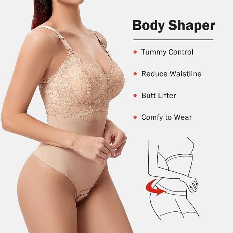 Body Intimo Modellante a Tanga con Controllo Pancia e Sollevamento Glutei da Donna con Imbottiture in Pizzo Rimovibili