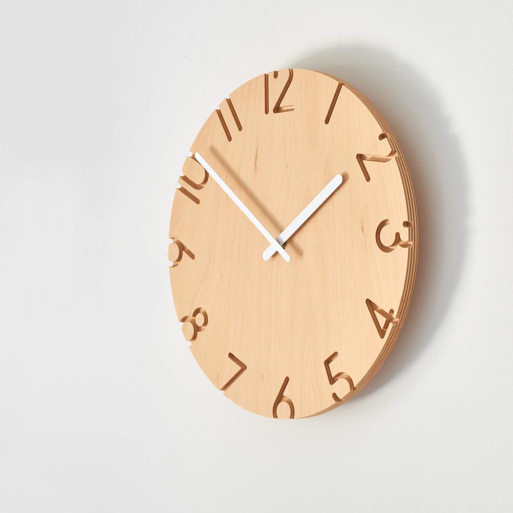 Lemnos Carved Wood Birch Analog Wall Clock, Natural Wood Color, NTL16-05, Diameter 30.5cm X Depth 4.2cm