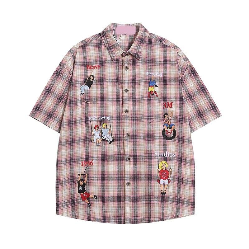 Female's American Style Fun Embroidered Shirts Retro Checkered Short Sleeved Casual Tops Summer Loose Cool Lapel Blouses