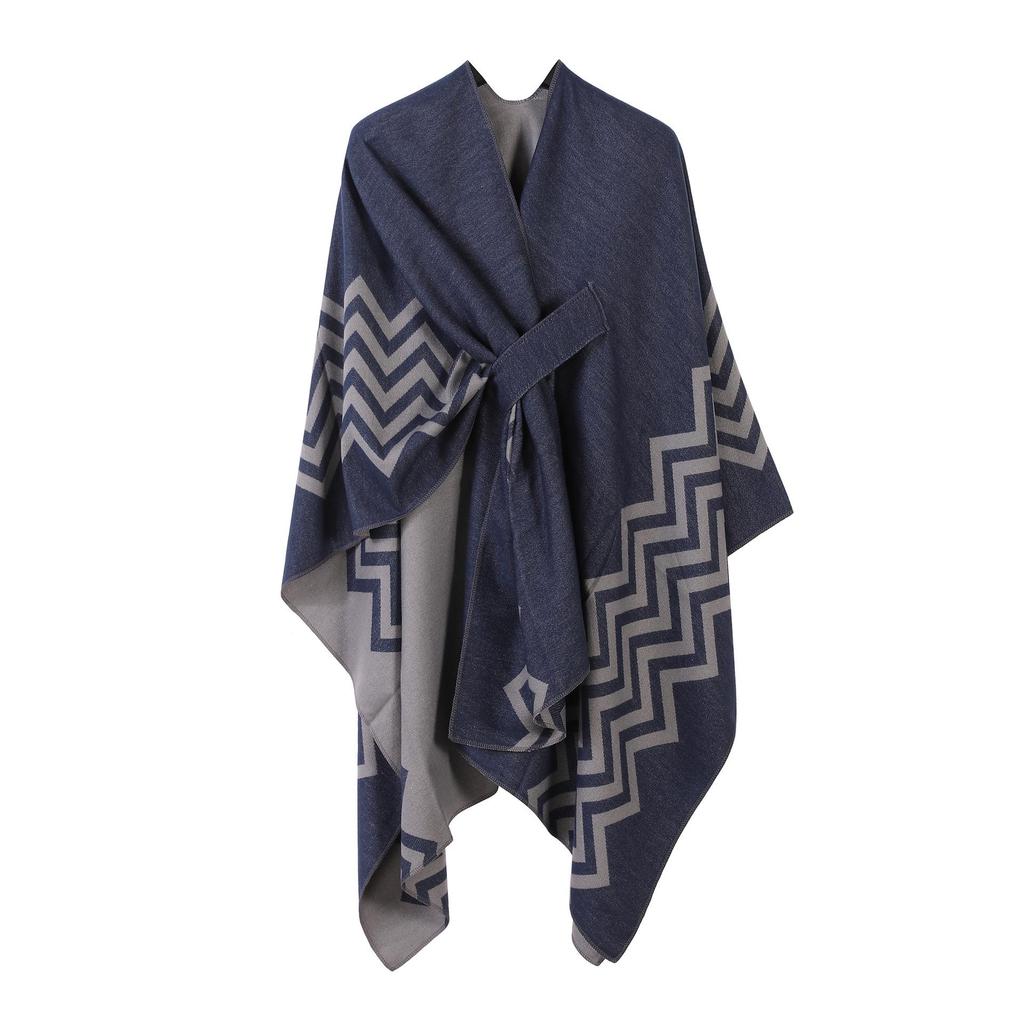 Women's European & American Double-Sided Solid Color Cape Shawl with Striped Edge