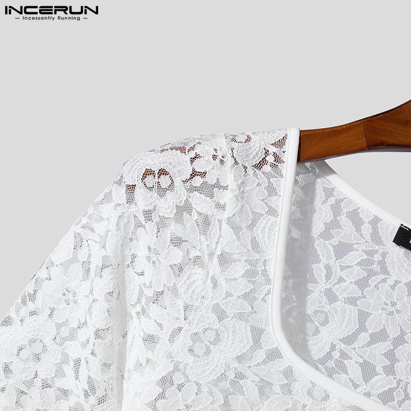 INCERUN Letní pánské tričko s krátkým rukávem a čtvercovým výstřihem, krajkové, květinové, na párty, do klubu, vypasované