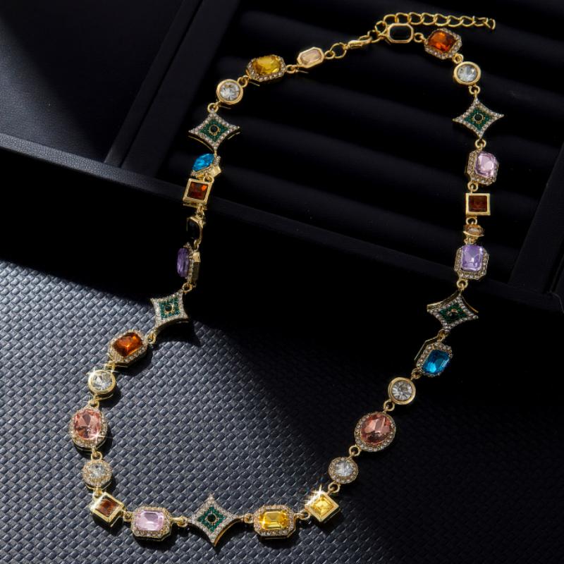 New Personalized Colorful Inlaid Zirconia Geometric Chain Necklace, Women's Fashion Trend Holiday Party  Accessories
