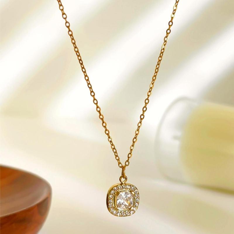 Versatile Geometric Charm Necklace With Sparkling Rhinestones Stainless Steel Clavicle Chain Adjustable Jewelry
