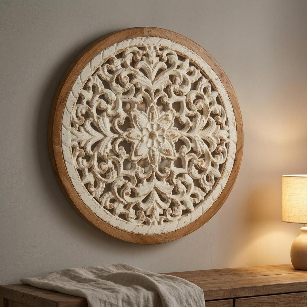 Arte da Parete Floreale Intagliata Pannello in Legno Sbiancato Traforato Decorazione per la Casa
