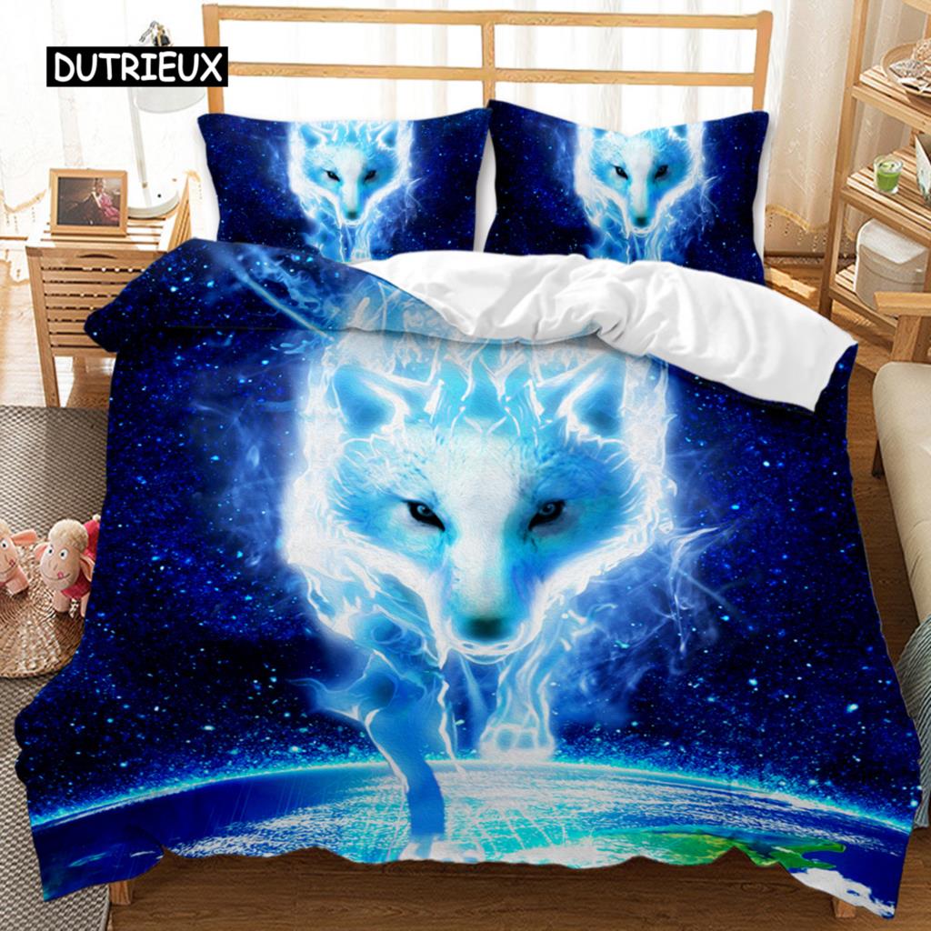 Wolf Bettbezug Set Tiermuster Bettwäsche Set Cooles Wildleben Bettdeckenbezug Kinder Glitzer Blau Wilder Wolf Polyester Quiltbezug