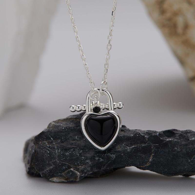 Earrings Jewelry S925 Sterling Silver Inlaid With Natural Black Agate Love Necklace Women'S Collarbone Chain Cute Sweet Versatile