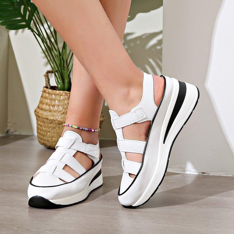 

European and American foreign trade summer thick-soled bag head Roman sandals women s hollow soft leather wedge heel Velcro beach cool slippers 42 белый