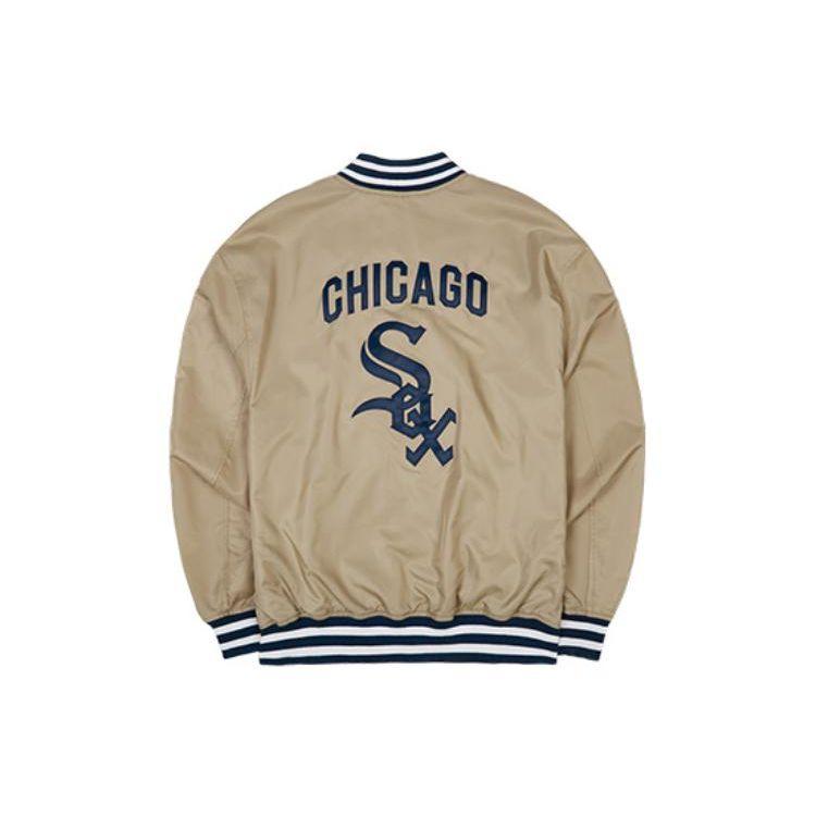 New Era Letter Logo Embroidered Striped Baseball Jacket Unisex jackets Khaki 13546437