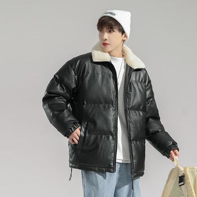 Lapel Hong Kong Style Cotton Coat Green Cotton Jacket Casual Loose Men's Leather Jacket Pu Leather Cotton Coat Same Style for Men and Women