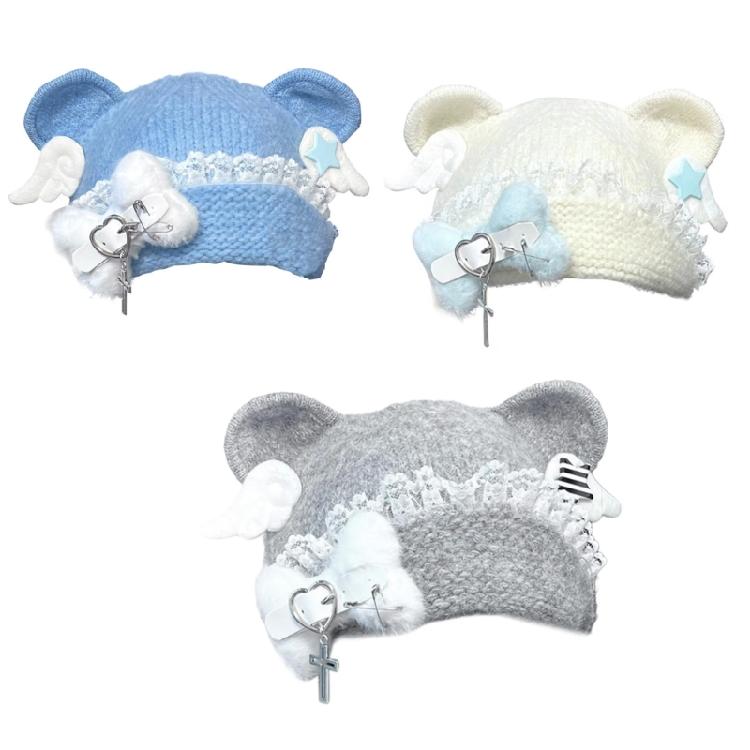 Warm Blue Bear Hat with Ear Furry Caps Cartoon Ear Hat Solid Color Wing Winter Plush Hat for Casual Wear