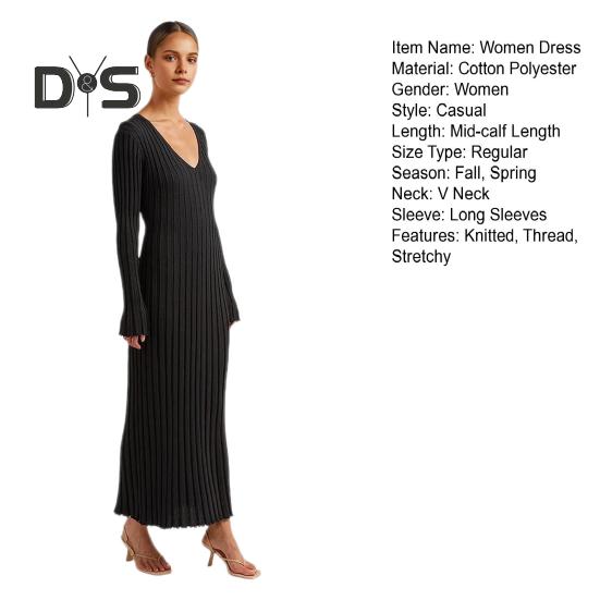 Fall Winter Women Dress V Neck Threa Loose Long Sleeves Solid Color Knitted Slim Waist Maxi Dress Stretchy Casual Dating Commuting Dress