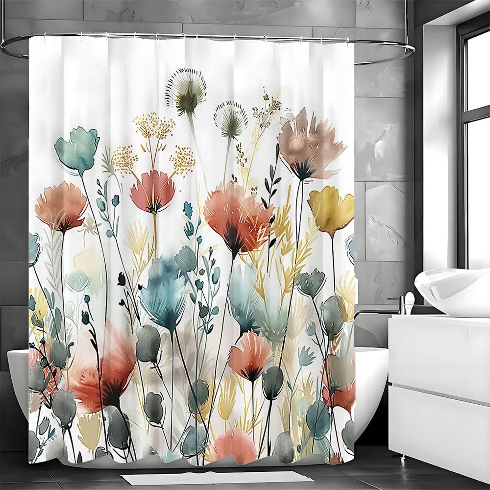 Akvarelový květinový sprchový závěs, Dekorační sprchový závěs do koupelny, Vodotěsný sprchový závěs s háčky