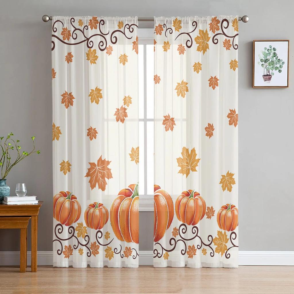 Podzimní Den díkůvzdání Ložnice z javorového listu Průhledné průsvitné závěsy Sváteční dekorace Okno Voál Tylový závěs