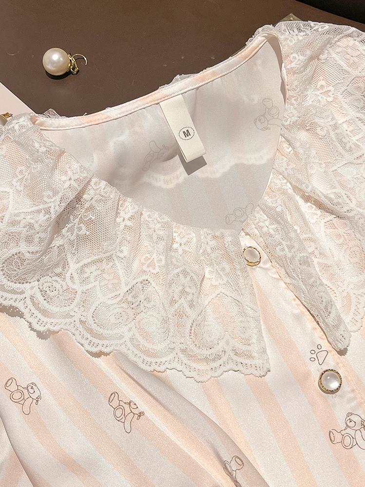 Women's Short-Sleeve Striped Cartoon Mulberry Silk Pajama Set
