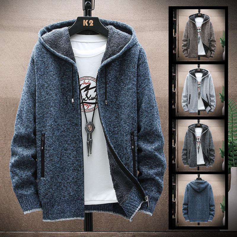 Men's Versatile Zipper Pocket Hooded Thick Knit Jacket for Autumn & Winter