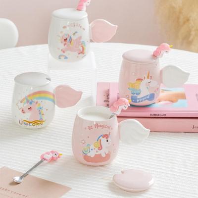 Unicorn Cup Ceramic Cup Cute Cartoon Cup High Looking Drinking Cup Mug Breakfast Cup with Lid Spoon