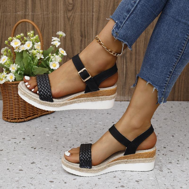Wedge heel waterproof table woven hemp rope sandals women's new large size 43 with buckle women's sandals