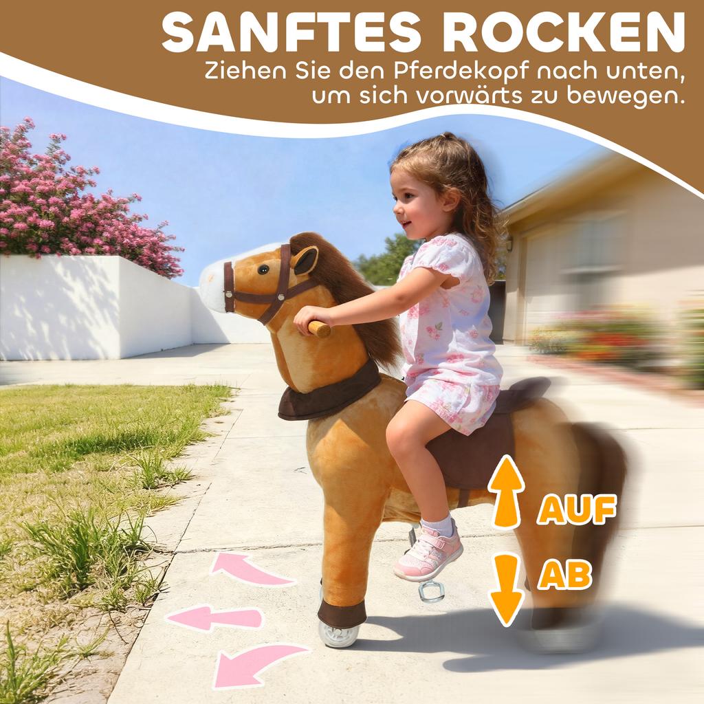 Ride On Horse, Plush Walking Horse Toy with Wheels and Saddle for Ages 3-5 Years Old, Brown