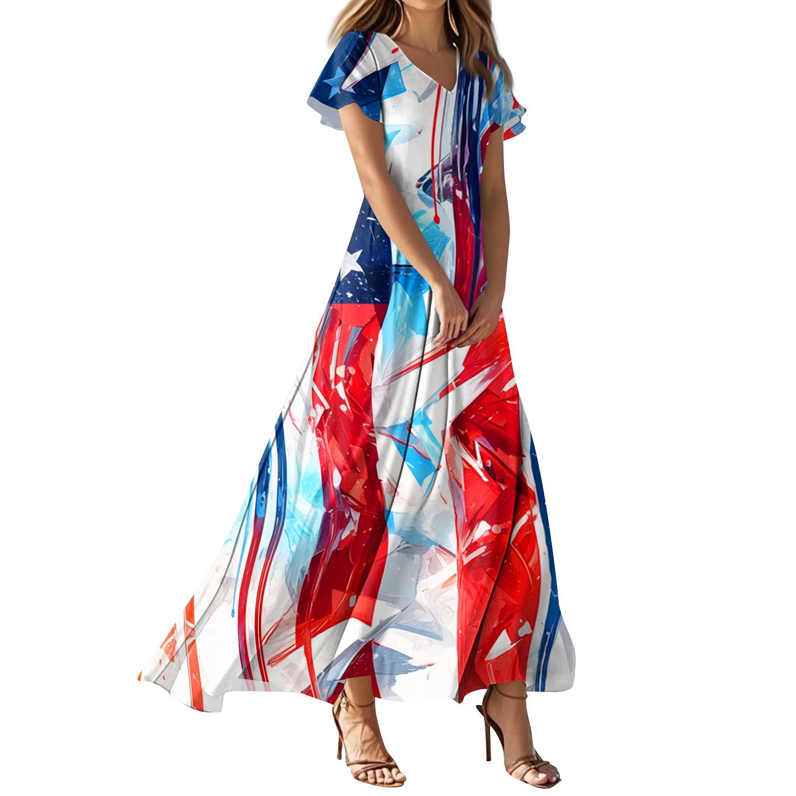 

Женское повседневное платье с принтом флага Дня независимости, V-образным вырезом, короткими рукавами и высокой талией XS киноварь