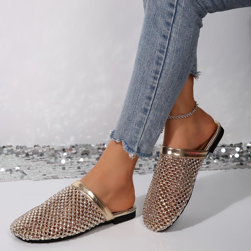 Fashion 2025 Summer Women's Rhinestone Openwork Slippers Breathable Mesh Flat Sandals Covered Toe Casual Slip-On New Design Hot Sale