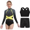 Girls Sparkly Rhinestones Color Block Leotard Long Sleeve Keyhole Back Design Cross Back Vest Shorts Skating Outfit