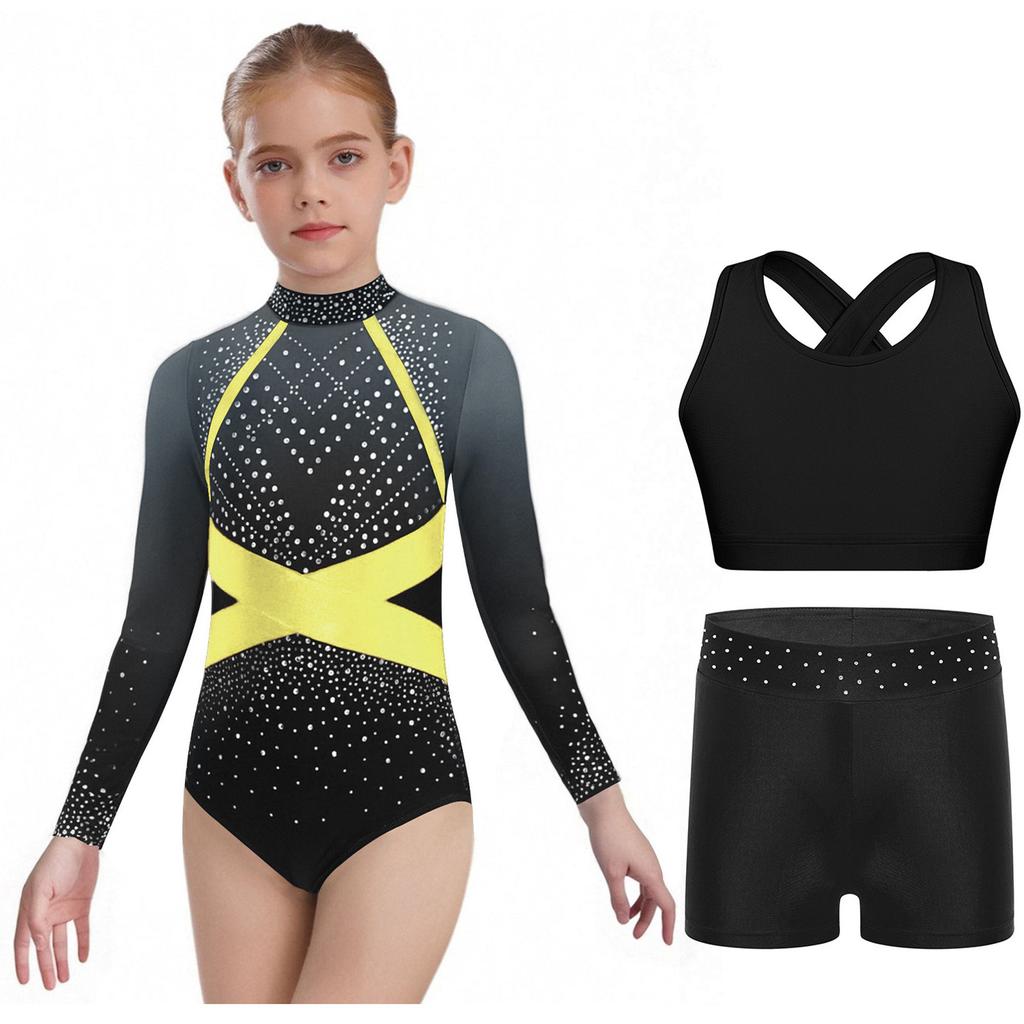 Girls Sparkly Rhinestones Color Block Leotard Long Sleeve Keyhole Back Design Cross Back Vest Shorts Skating Outfit
