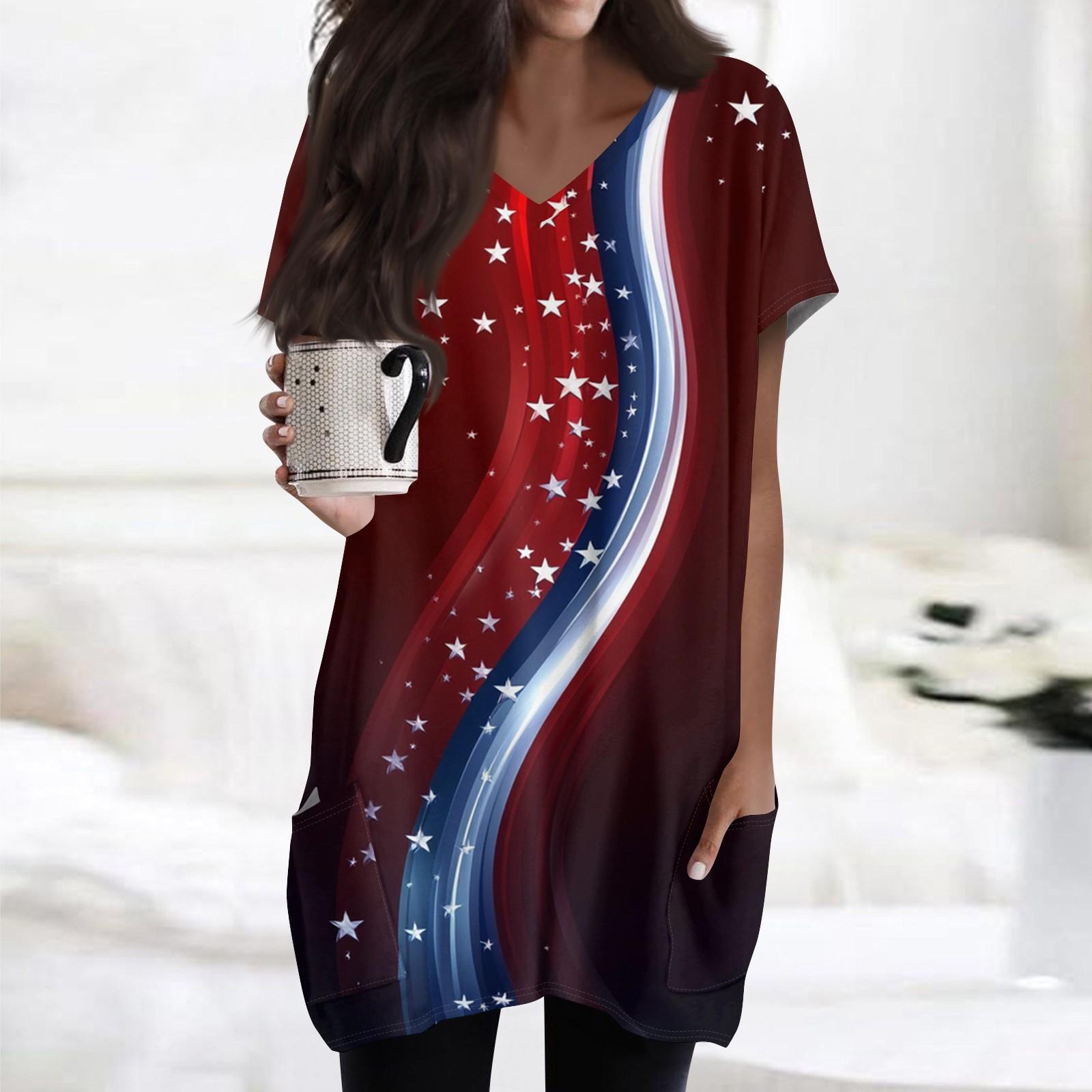 

Жіноча мода Повсякденна футболка з коротким рукавом з принтом V-подібним вирізом та подвійними кишенями S винний