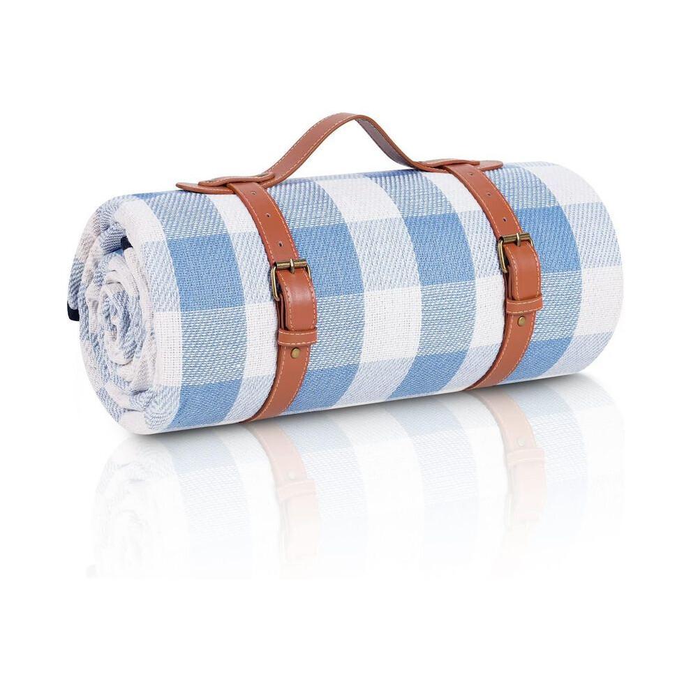 Picnic Blanket Extra Large, Waterproof and Foldable Beach Blanket, for Camping, Park, Beach, Grass, Indoors White and Blue Grids