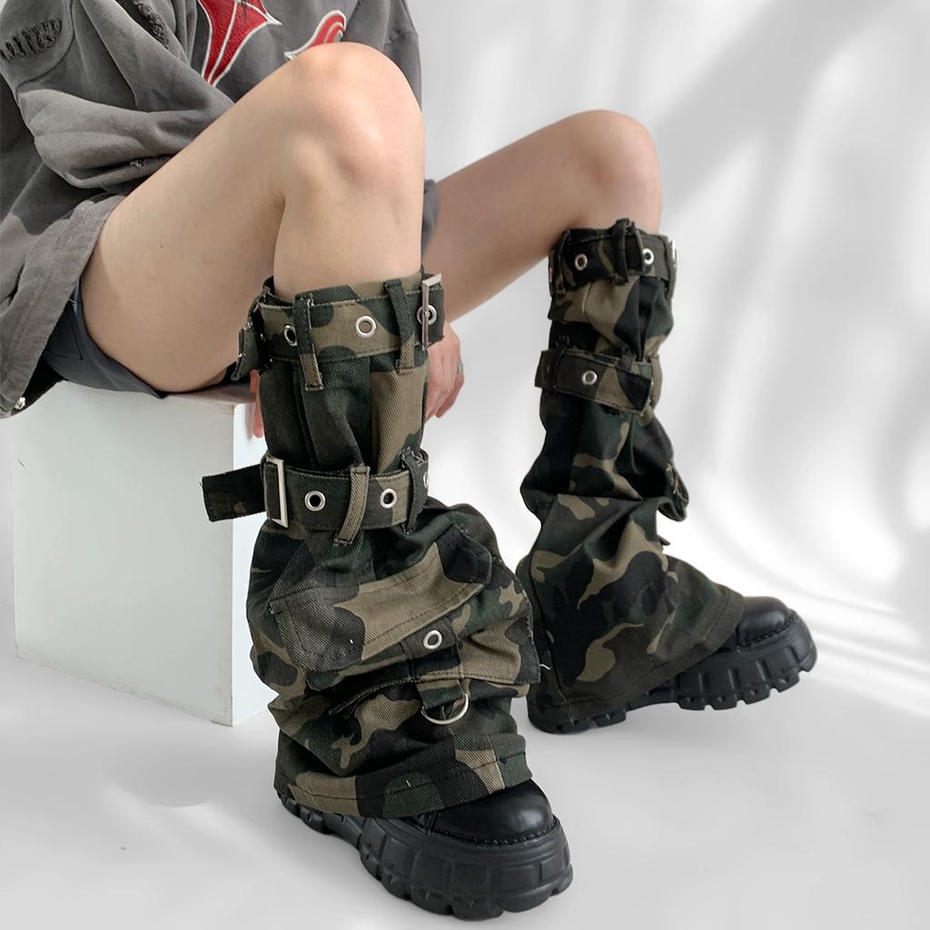 Punk Leg Warmer Subculture Long Socks Spring Summer Camo Water Washed Cowboy Wasteland Spicy Girl Strap Leg Covers Boots Cuffs