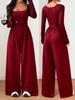 Tuta da donna 2026 con scollo quadrato e gamba larga: Vita Alta, Manica Lunga, Stile Europeo & Americano, Design Casual con Cintura in Vita
