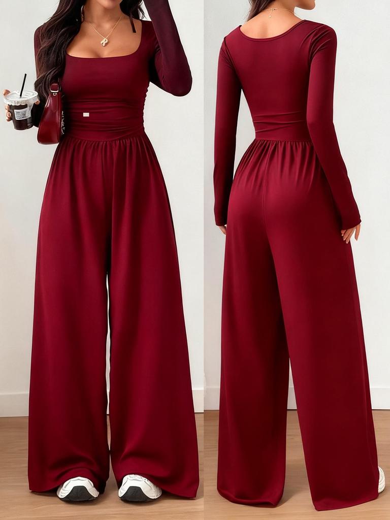 Tuta da donna 2026 con scollo quadrato e gamba larga: Vita Alta, Manica Lunga, Stile Europeo & Americano, Design Casual con Cintura in Vita