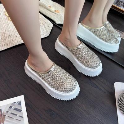 Höjda Sandaler Sommar Nya Rund Tå Djup Slip Strass Nät Andningsbara Mångsidiga Omlindad Huvud Flip-Flops