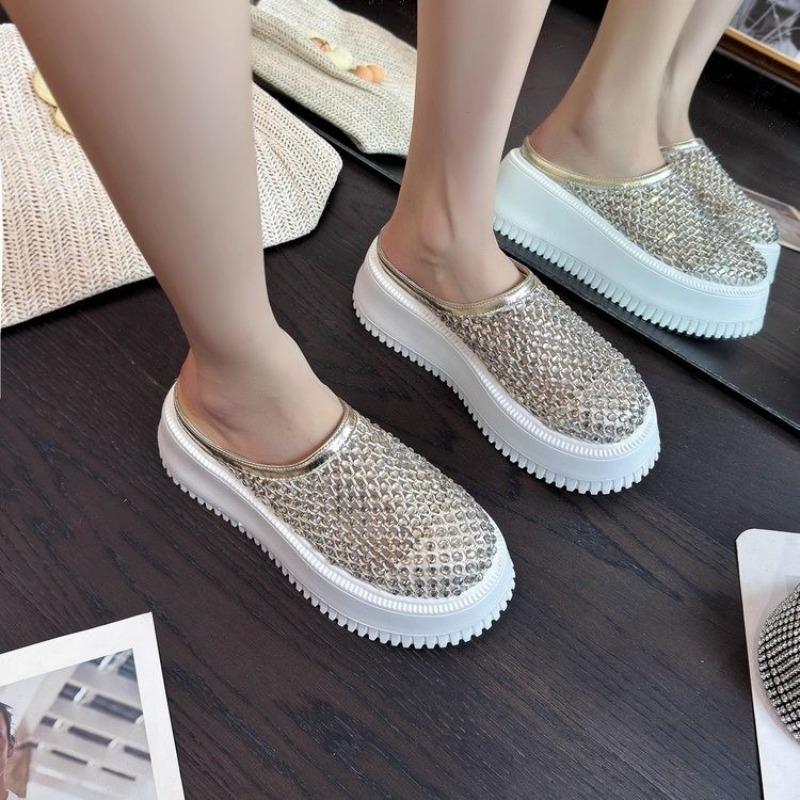 Heightened Sandals Summer New Round Toe Deep Slip Rhinestone Mesh Breathable Versatile Wrapped Head Flip-Flops
