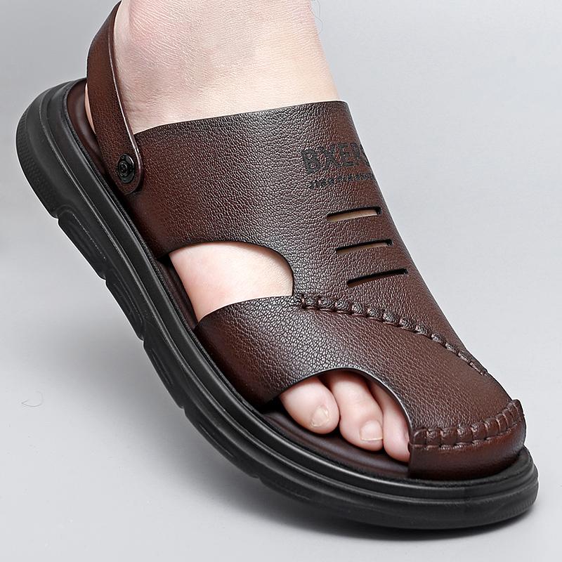 Модные летние дышащие кожаные сандалии мужские тапочки пляжная обувь с завязками на носке — фото 7