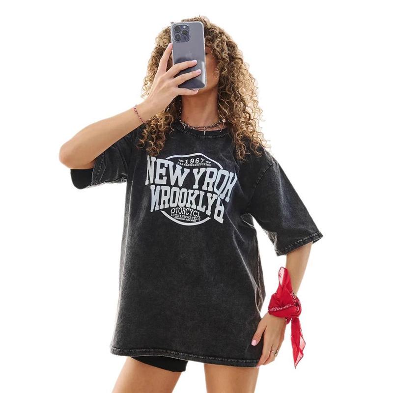 Trendy Vintage Black Washed Graphic Street Style Top