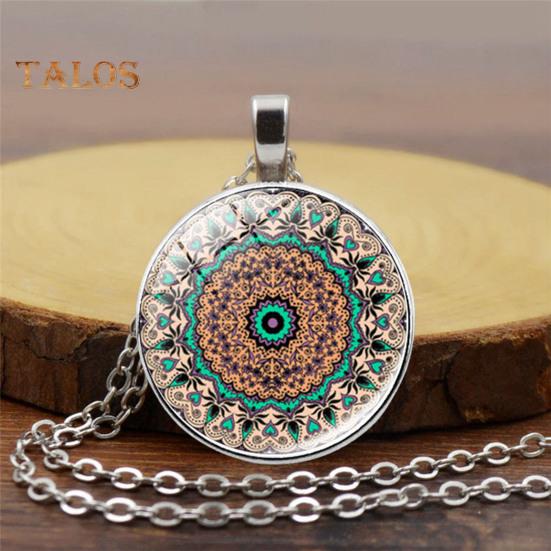 1 Set Women Jewelry Set Flower Print Glass Pendant Vintage Ethnic Style Prom Party Earrings Necklace Bracelet Combo Ideal Christmas Gift