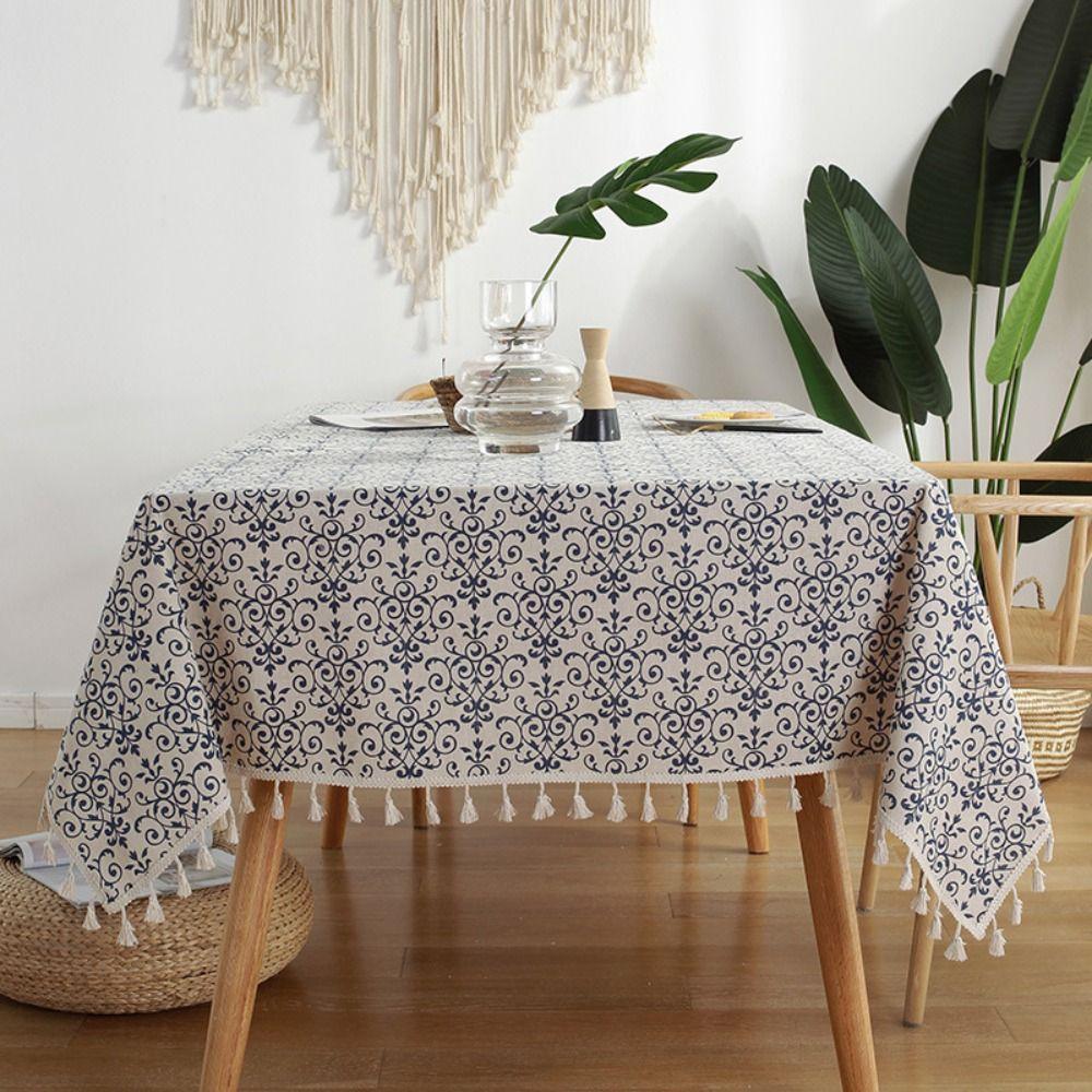 

Rectangular Blue and White Porcelain Tablecloth Classic Table Cover Linen Cotton Tablecloth Party 60X60CM-B