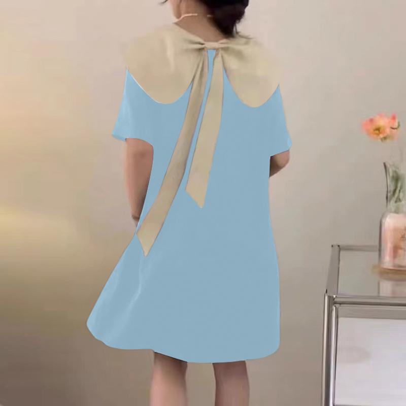 

ZANZEA Женское повседневное лоскутное кукольное воротниковое летнее платье с коротким рукавом M синий