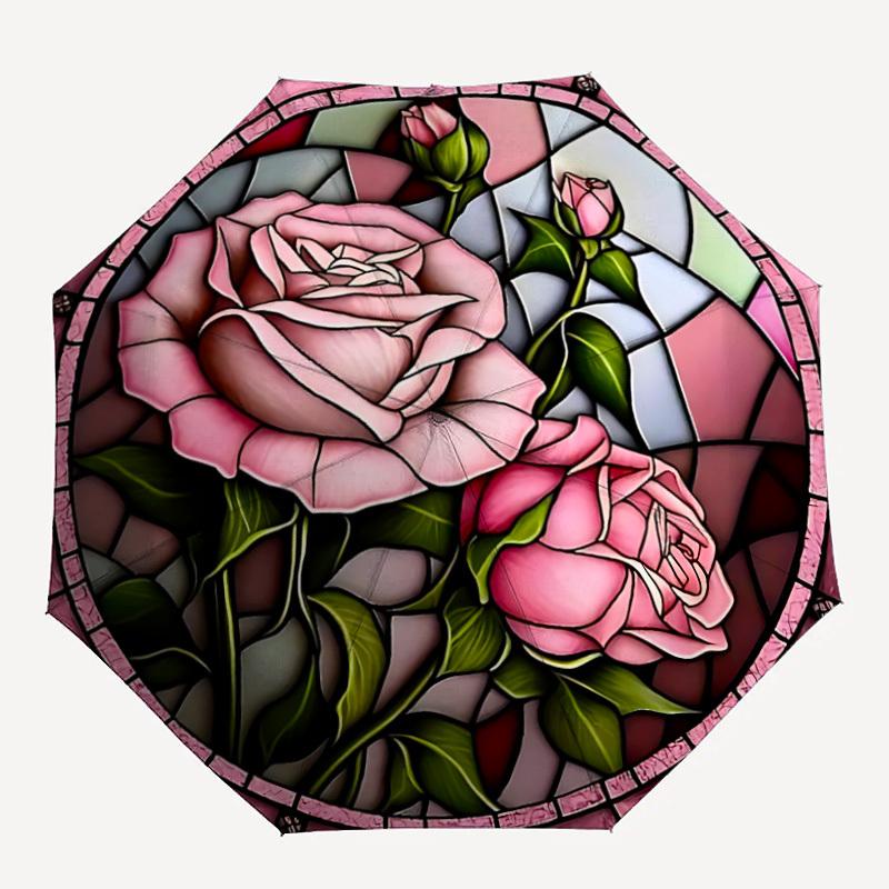 

1pc Stained Glass Rose Folding Umbrella, Durable, Suitable for Outdoor Activities or Rain, Suitable for Commuting yy251027057