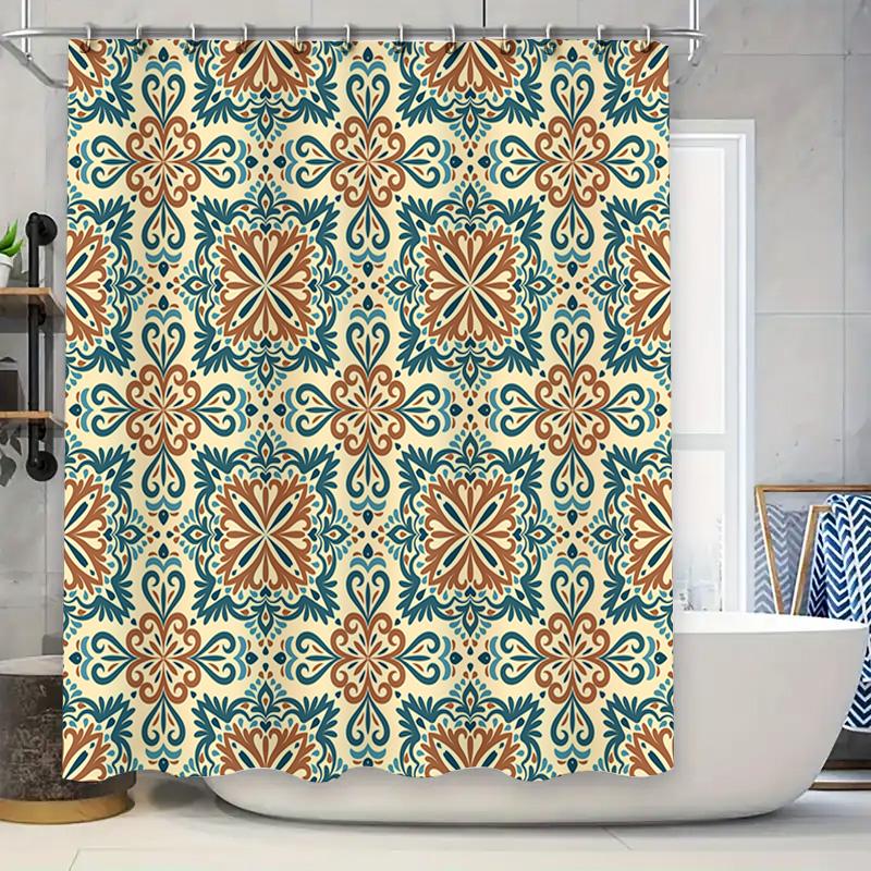 

Elegant Blue Orange Floral Shower Curtain Decorative Bath Mat W60H190(CM)-1 Pcs