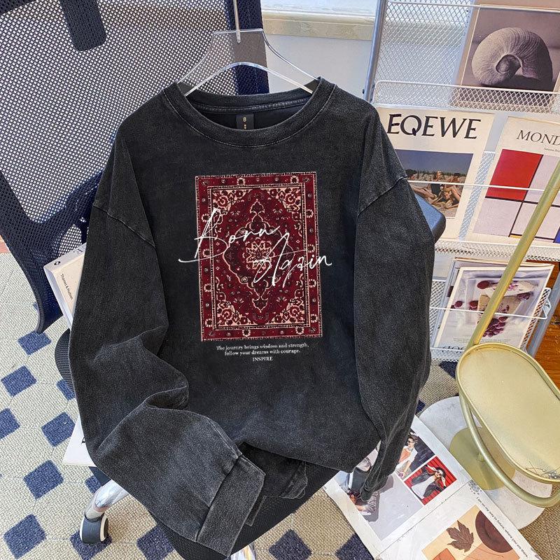 

Шикарная ретро футболка оверсайз из 100% хлопка с длинным рукавом - европейский и американский стиль M