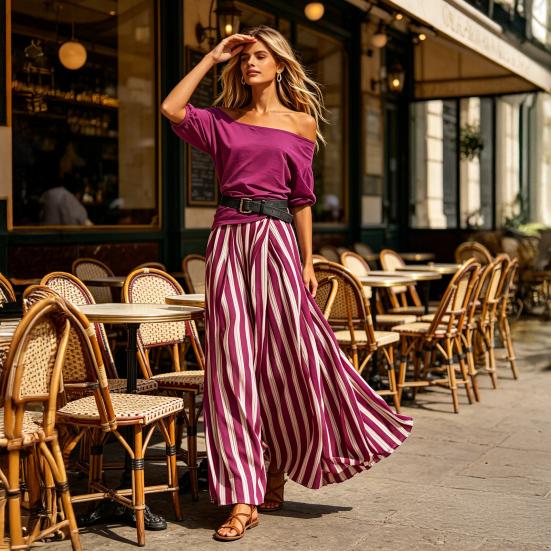 Women's Summer Vacation 2 Piece Skirt Sets Off Shoulder Short Sleeve Top And Striped Flowy Maxi Skirt Casual Travel Outfits with Belt