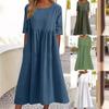 Women's Round Neck 3/4 Sleeve Linen Cotton Loose Midi Dress With Side Pockets Casual Swing Dress