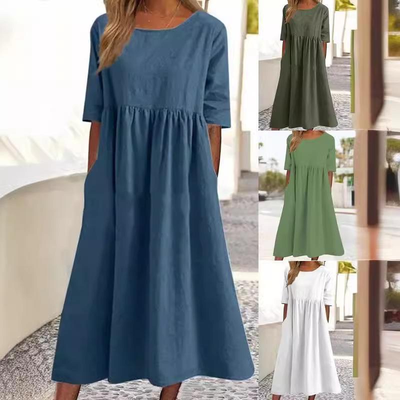 Women's Round Neck 3/4 Sleeve Linen Cotton Loose Midi Dress With Side Pockets Casual Swing Dress