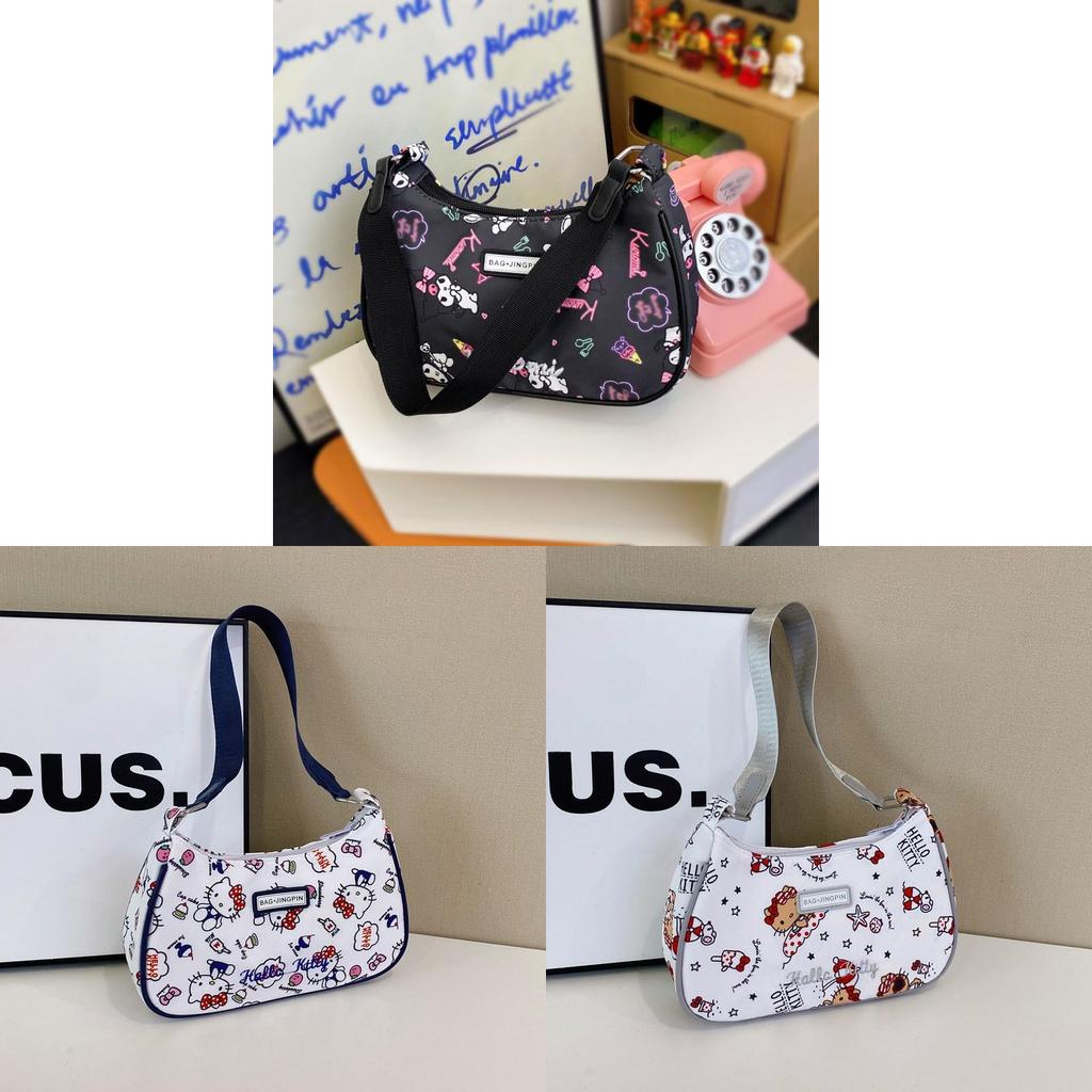 Cartoon Print Nylon Shoulder Bag With Zipper For Daily Use