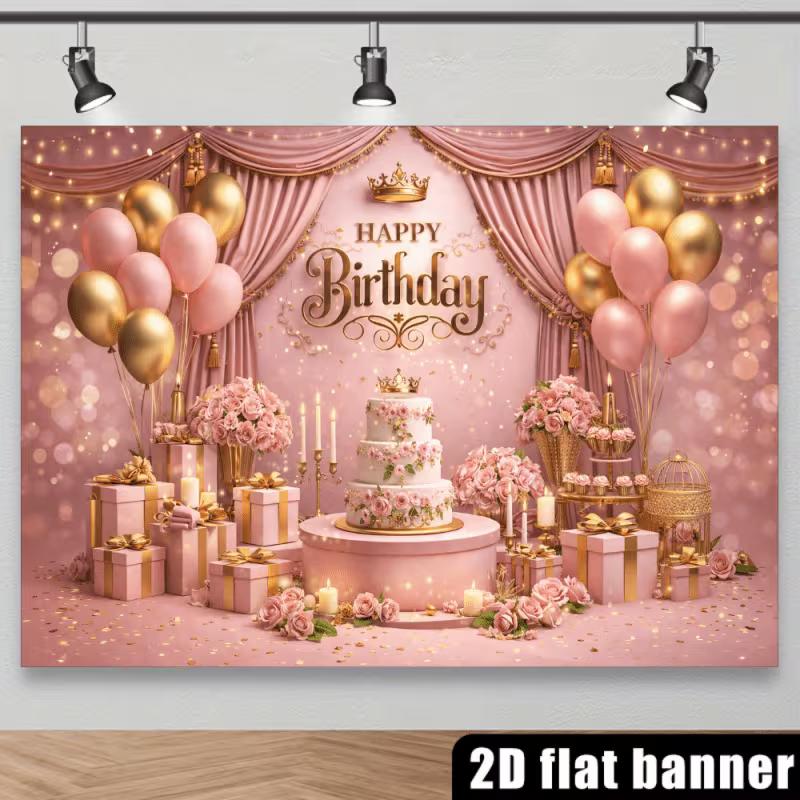 2D Pink Gold Happy Birthday Backdrop Banner Photography Background Party Decor