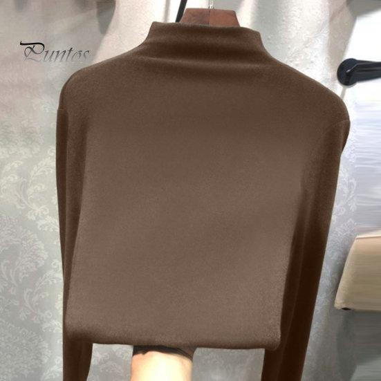 Bottoming Blouse Half High Collar Long Sleeves Slim Fit Autumn Winter Thickened Fleece Lined Pure Color Thermal Top Daily Clothing Shirt